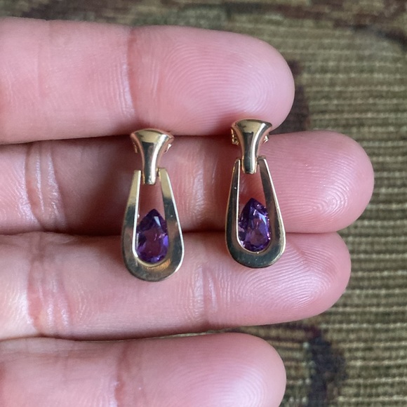 Beautiful Solid 14KG Teardrop Faceted  Amethyst Stone Dangle Earrings. Elegant! - Picture 7 of 8